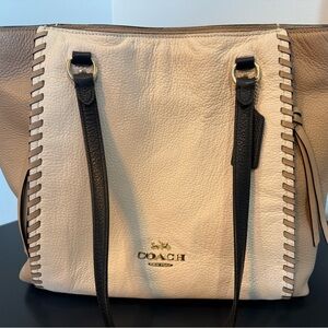 Coach pebbled leather tote in neutral colorblock with whipstich detailing